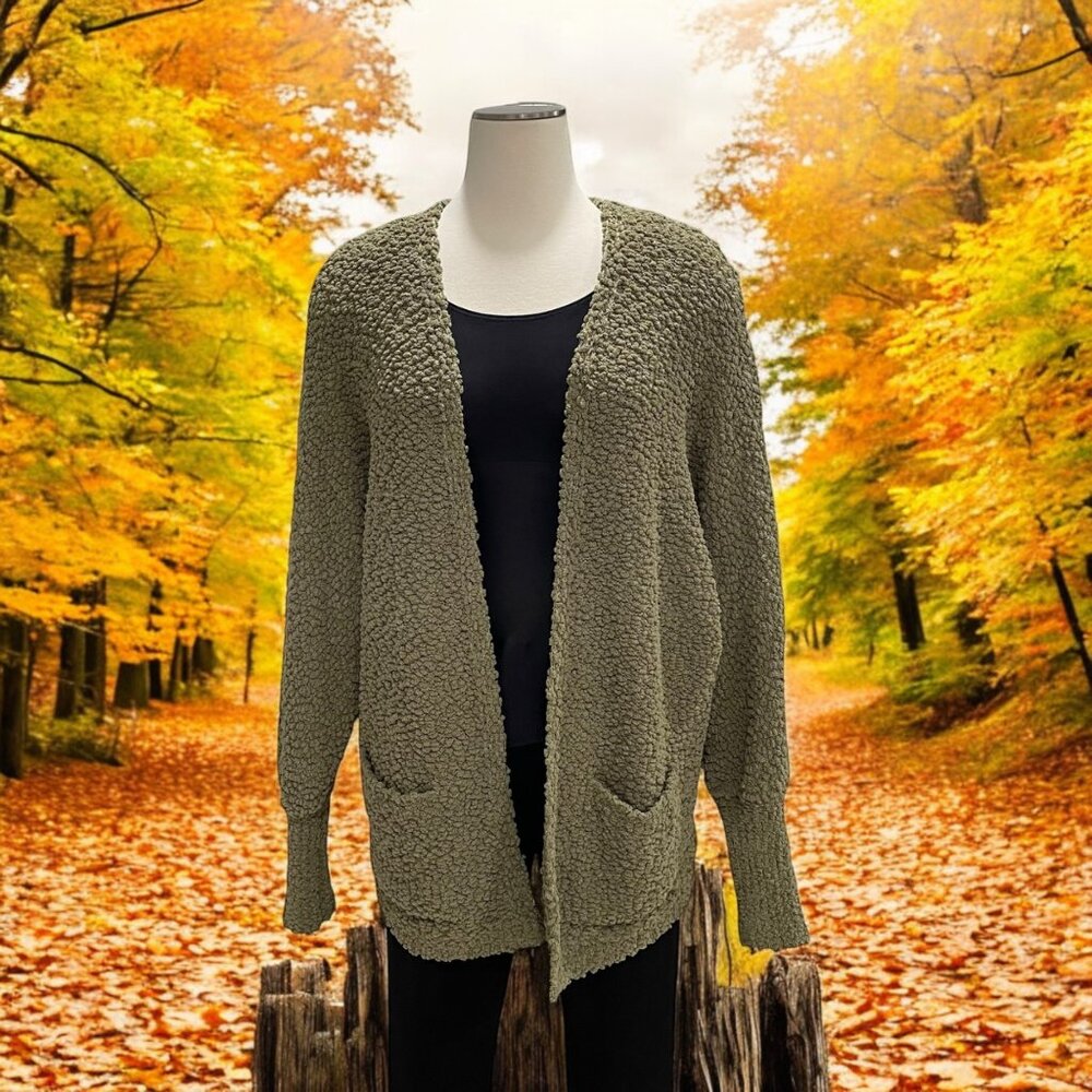 MEROKEETY L Womens Olive Sherpa-Textured Knit Cardigan Cozy Fall Layering Casual